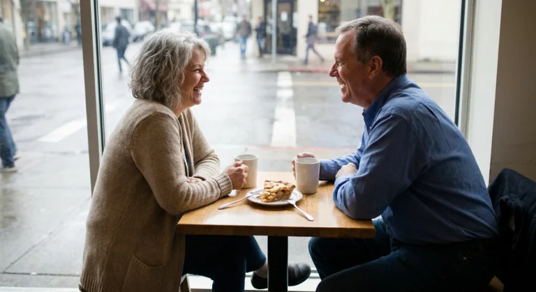 Two people in their sixties laughing over coffee at a cafe window table