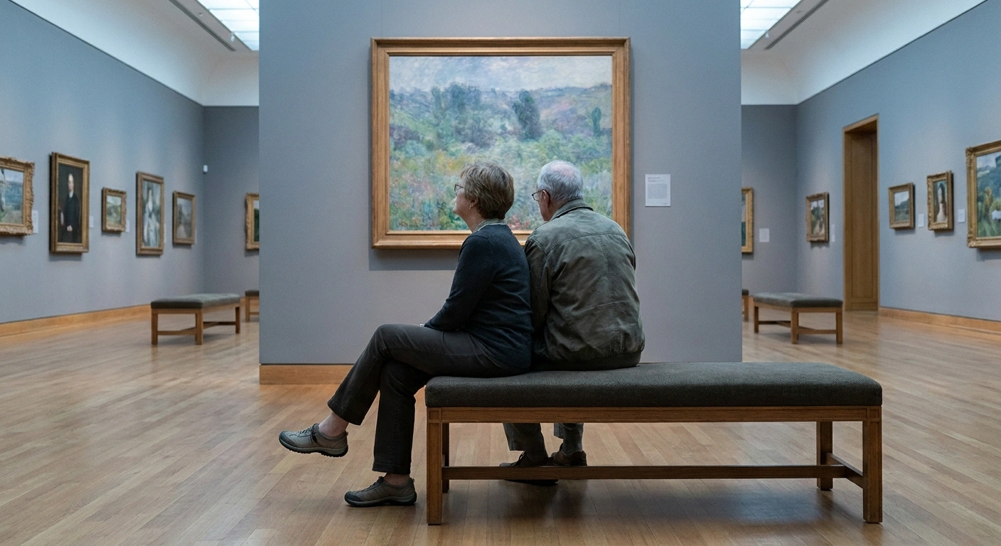 Couple seated on a museum bench looking at a landscape painting