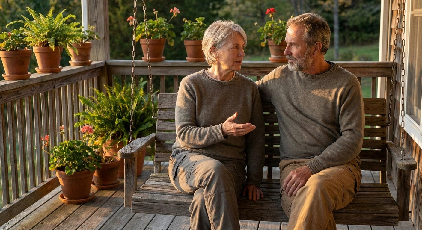 Couple in their sixties talking quietly on a porch swing