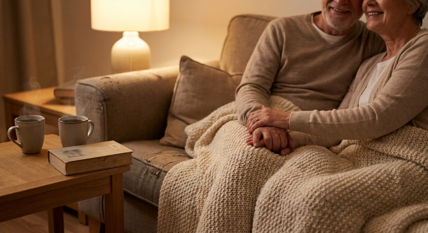 Older couple holding hands on a sofa under a soft blanket