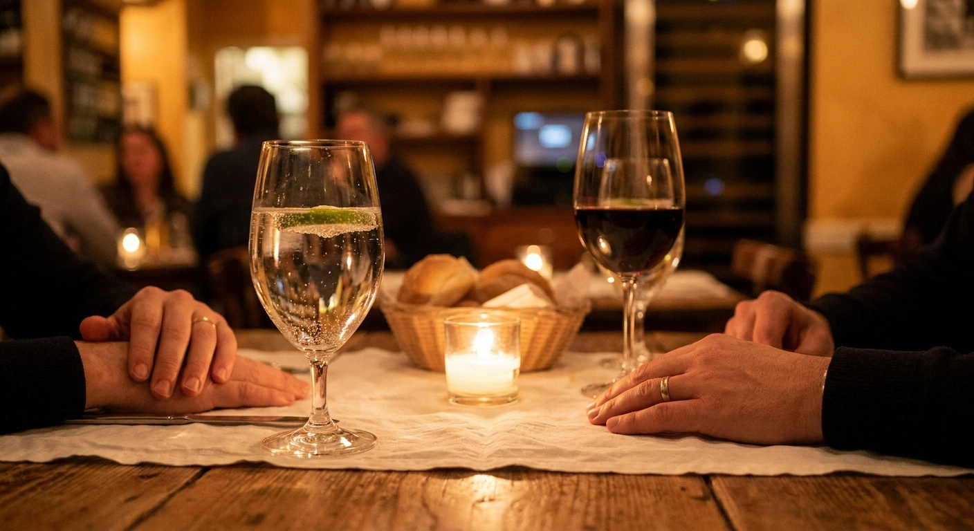 Sparkling water with lime in a wine glass beside a glass of red wine