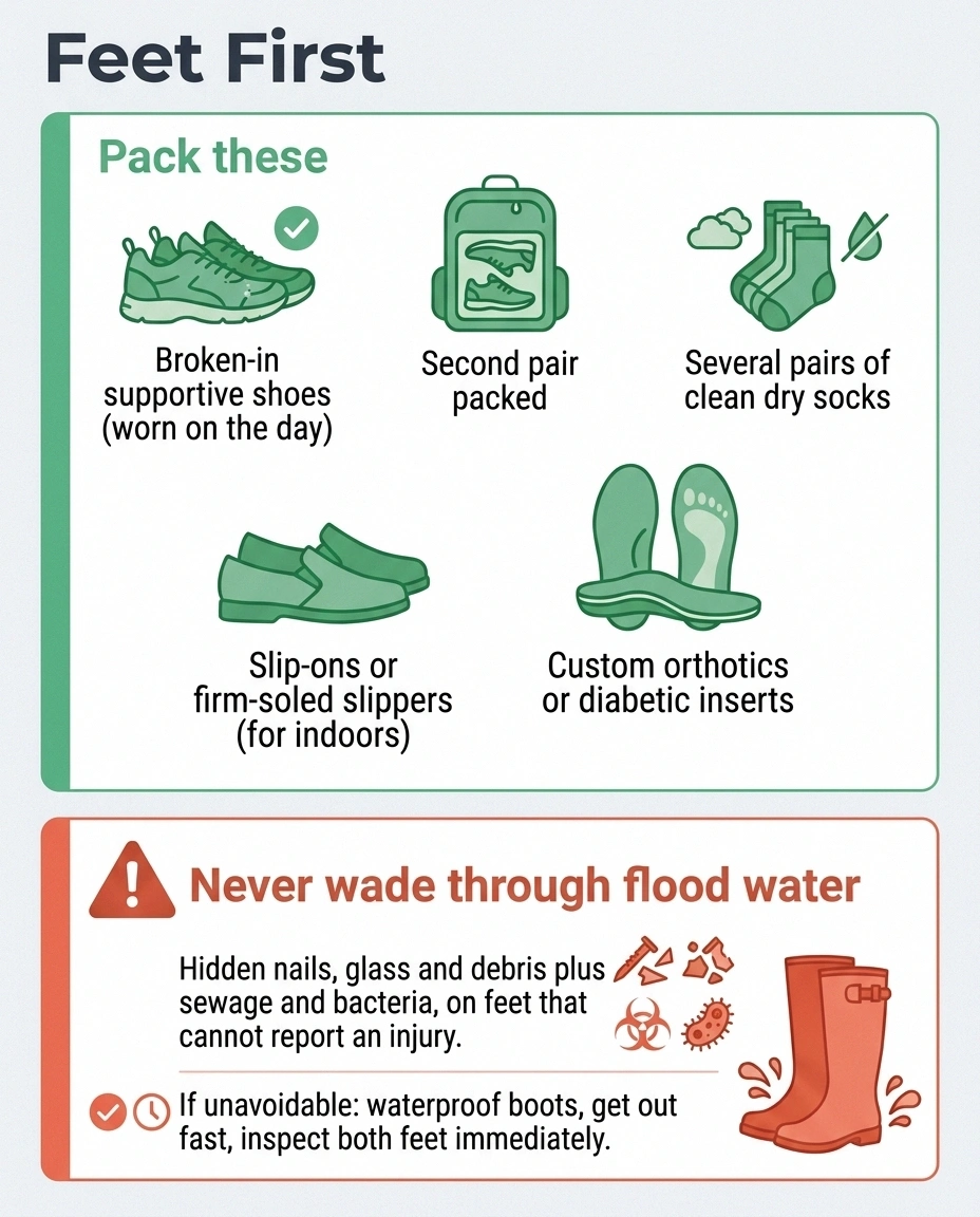 Graphic listing evacuation footwear and warning against walking in flood water