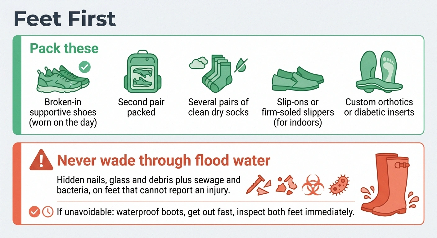 Graphic listing evacuation footwear and warning against walking in flood water