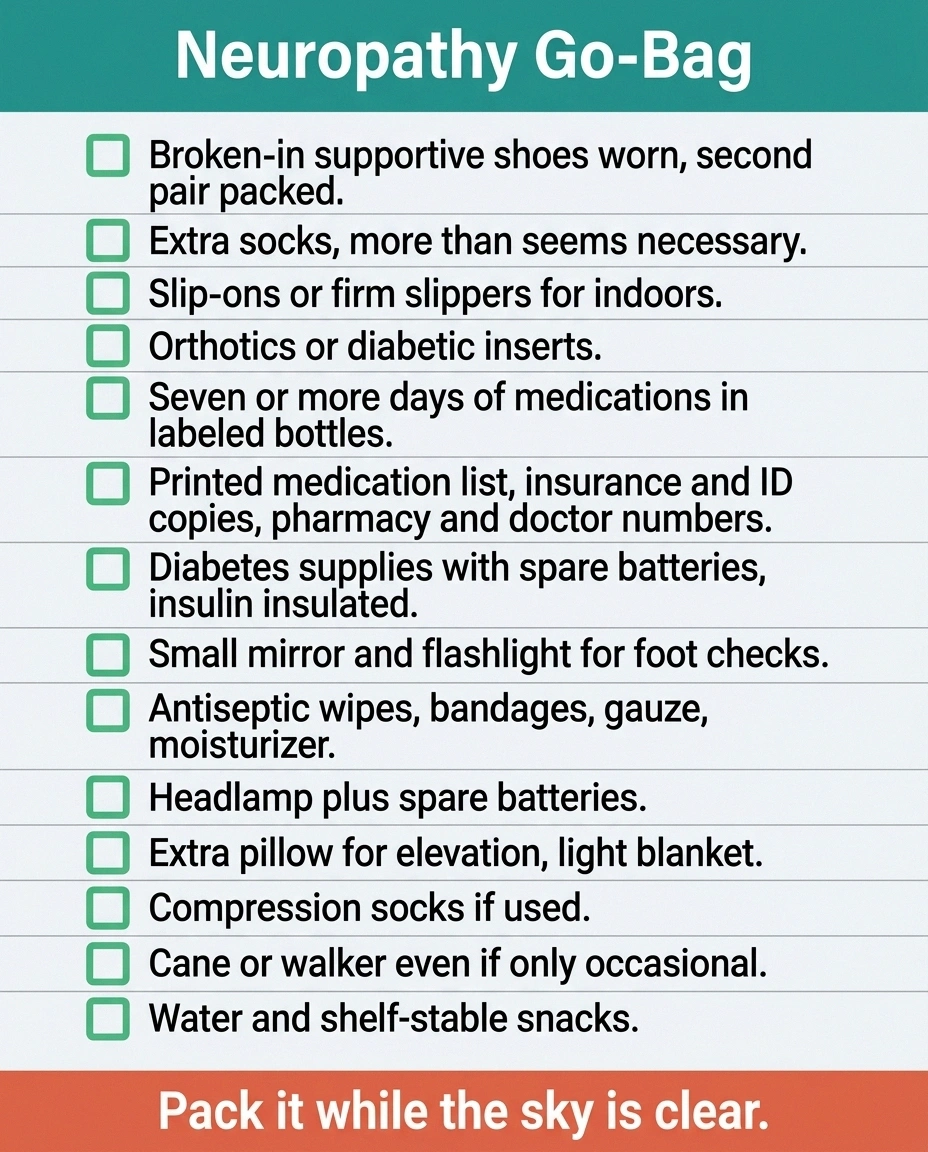 Checklist graphic of neuropathy go-bag items for an evacuation