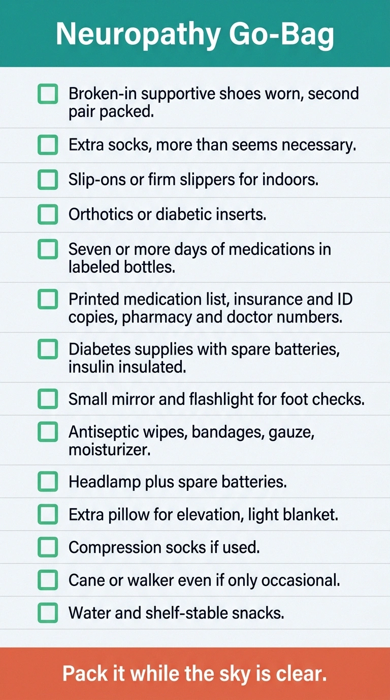 Checklist graphic of neuropathy go-bag items for an evacuation