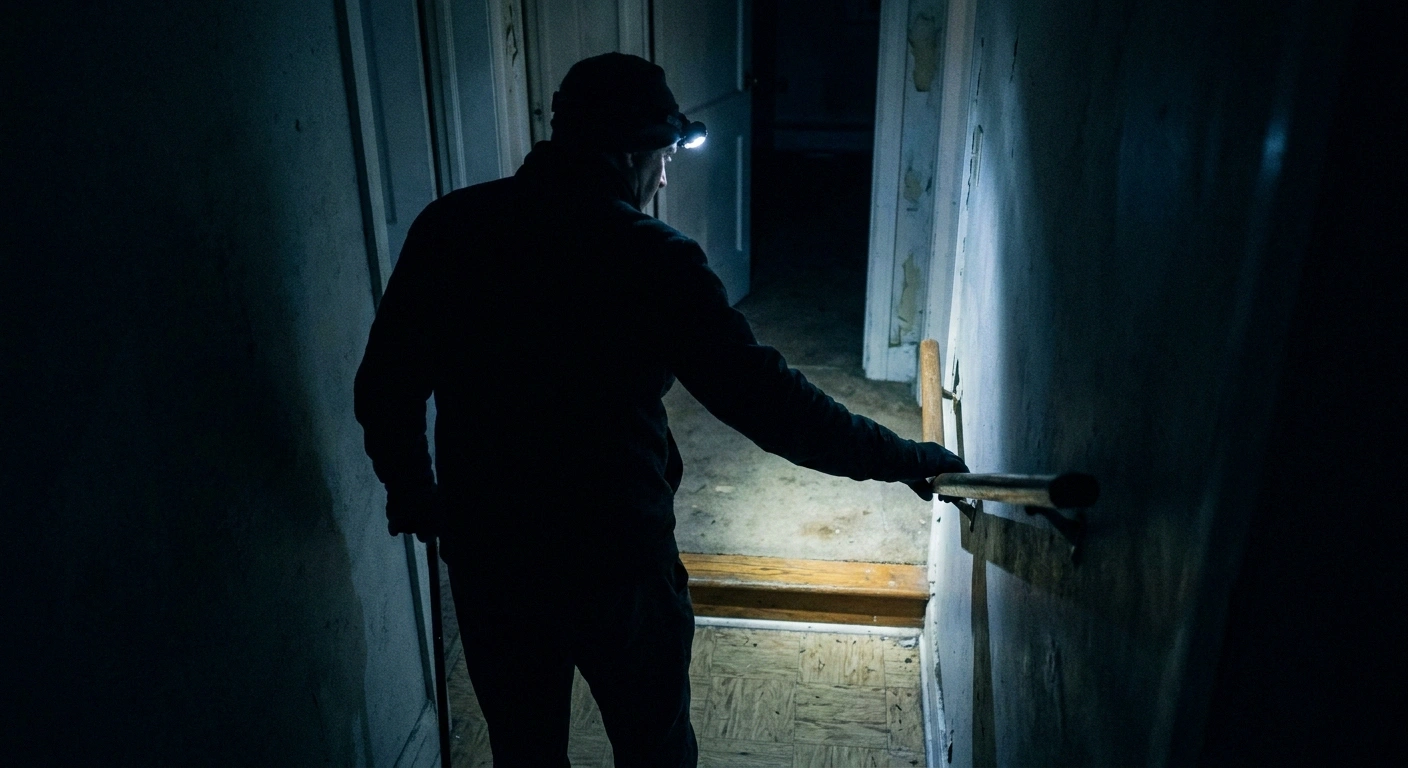 Person wearing a headlamp using a handrail and cane in a dark hallway