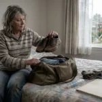 Woman packing an evacuation bag on a bed, holding a pair of walking shoes