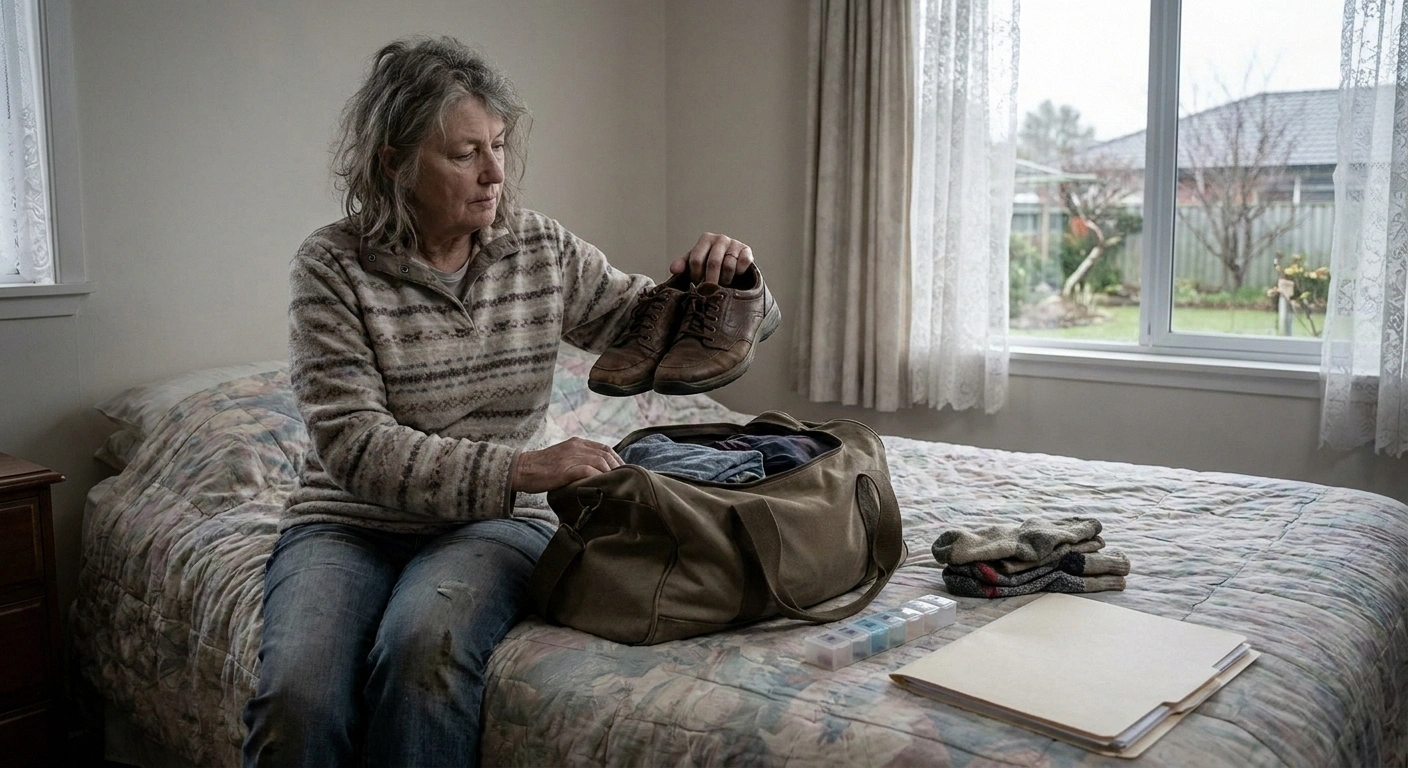 Woman packing an evacuation bag on a bed, holding a pair of walking shoes