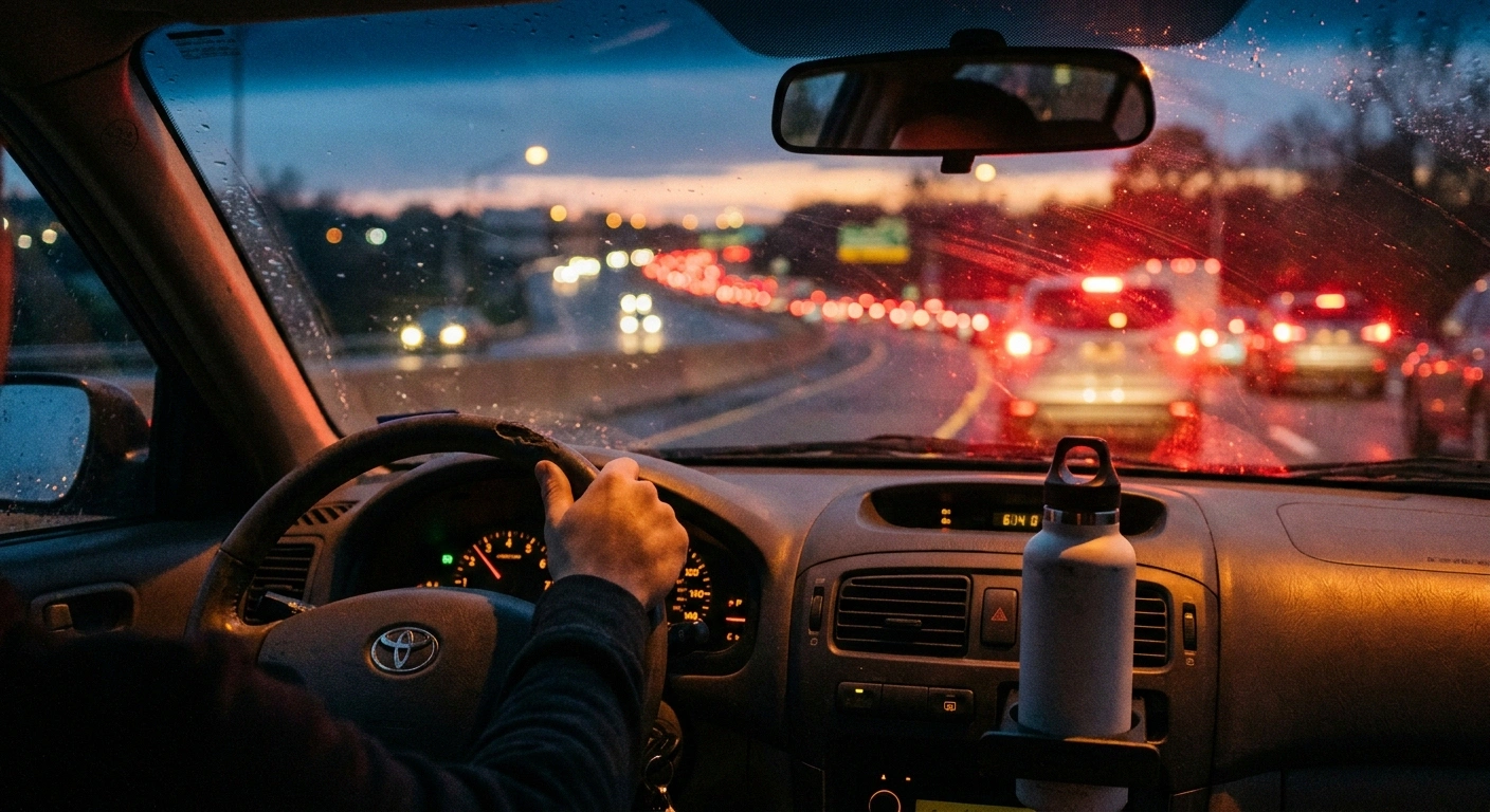 View through a windshield of evacuation traffic backed up at dusk