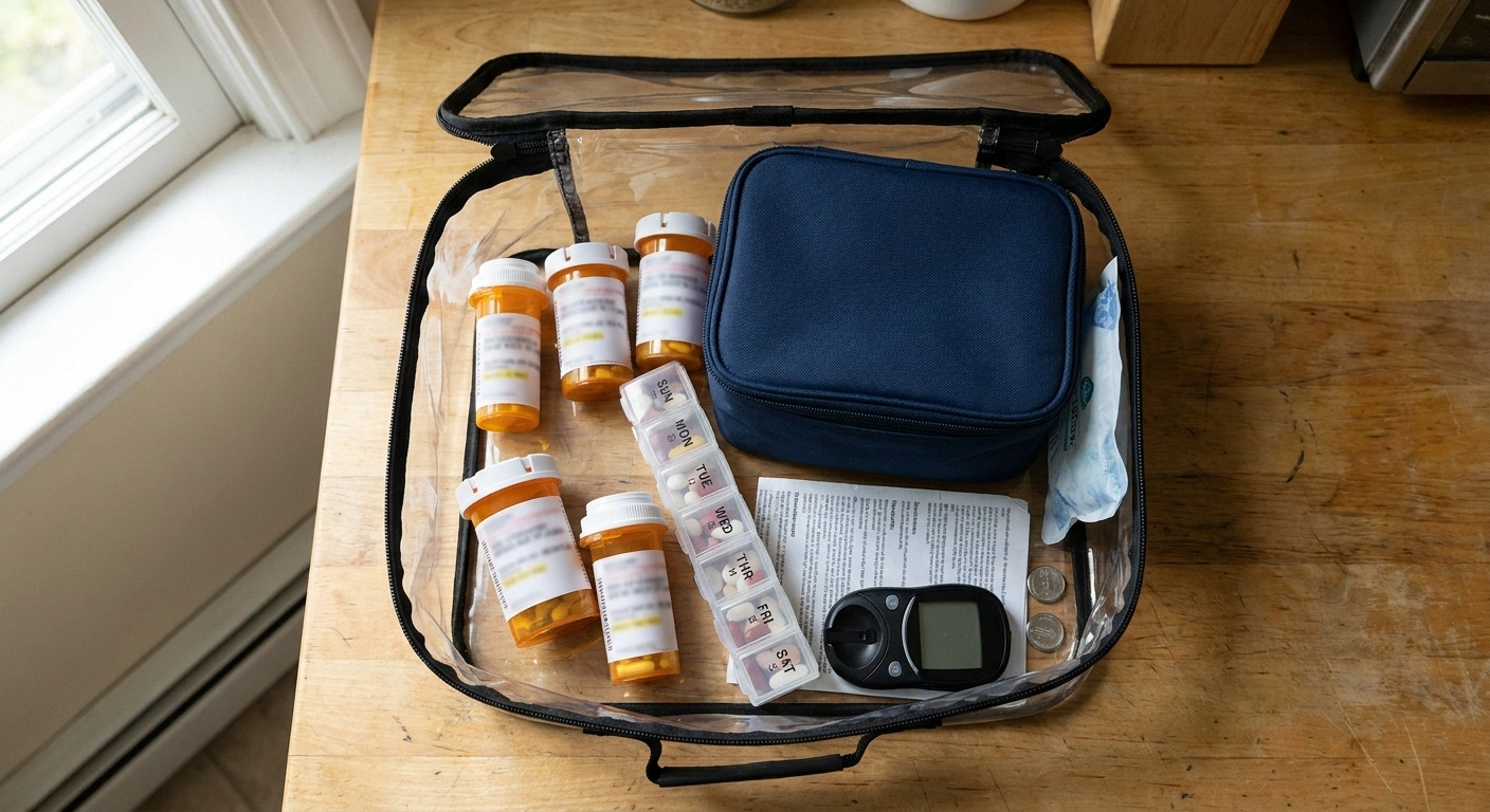 Overhead view of an assembled emergency medication kit on a kitchen counter