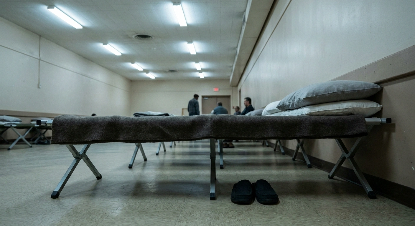 Row of shelter cots with pillows stacked at the foot end and shoes beside one