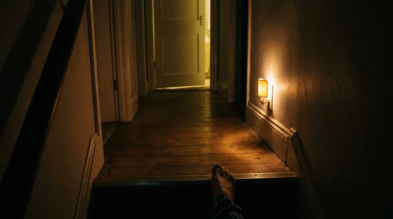 Dim hallway at night lit by a low amber night light near the floor
