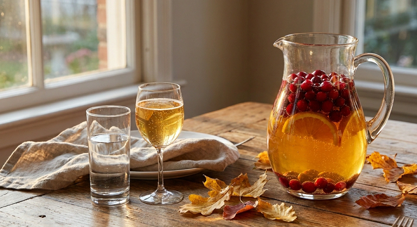 Pitcher of sparkling cider with cranberries beside a glass of water