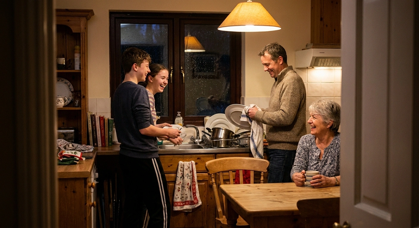 Family washing dishes while the grandmother rests at the kitchen table