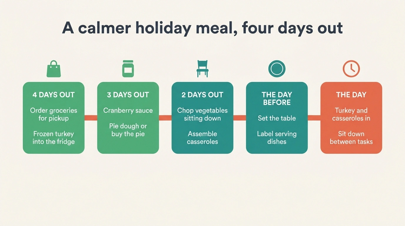 Four-day timeline for preparing a holiday meal in stages