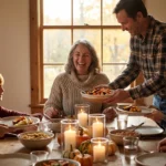 Older woman seated at the head of a family holiday table, laughing