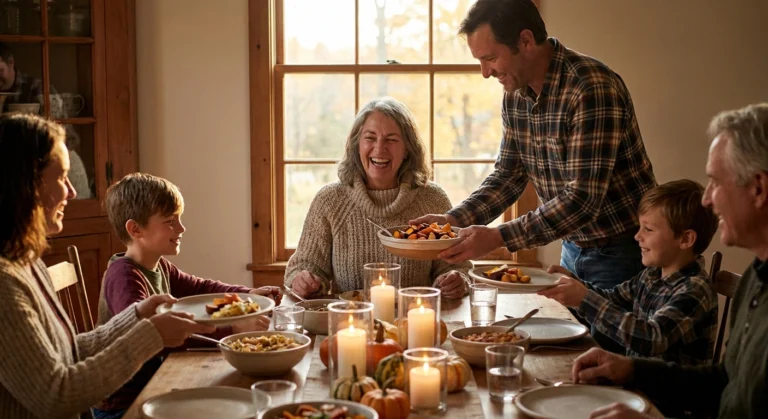Older woman seated at the head of a family holiday table, laughing