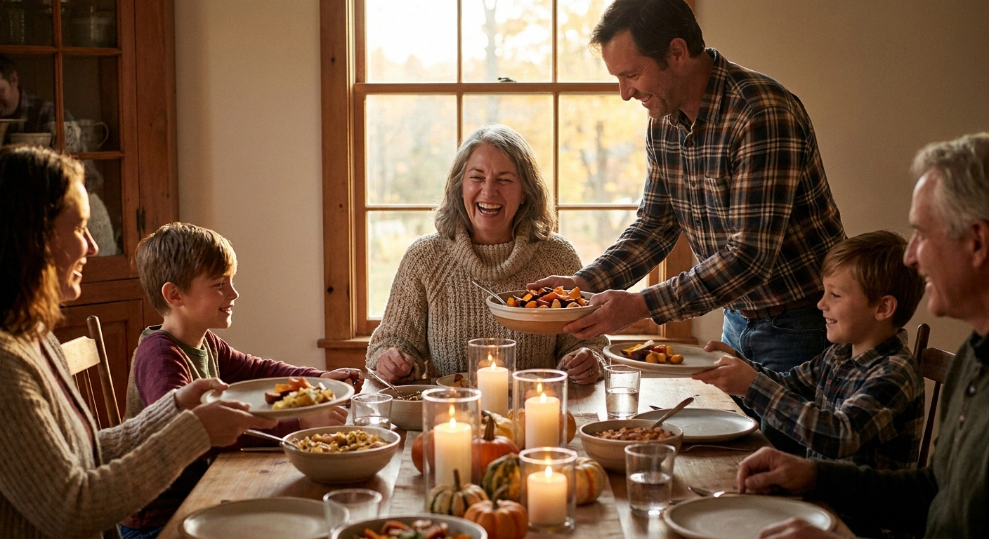 Older woman seated at the head of a family holiday table, laughing