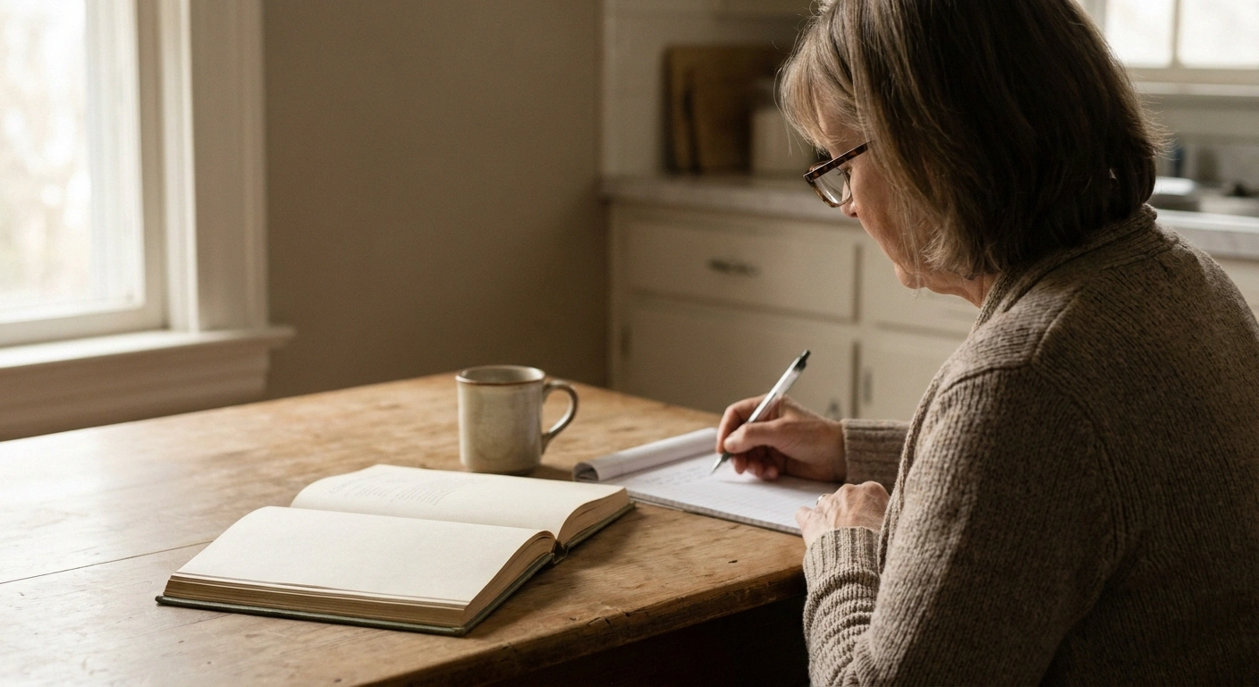 Woman at a kitchen table writing a list before a family dinner