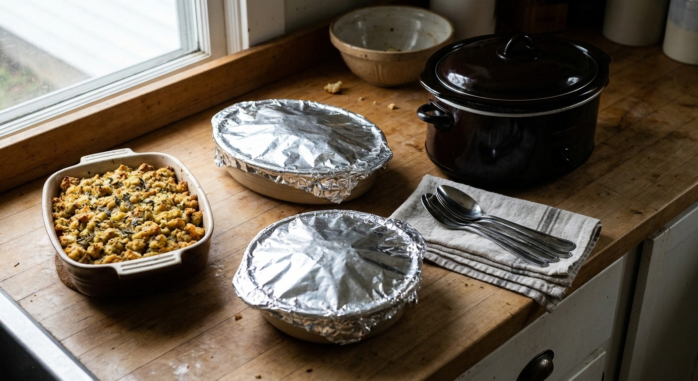 Casserole dishes of side dishes prepared the day before a dinner