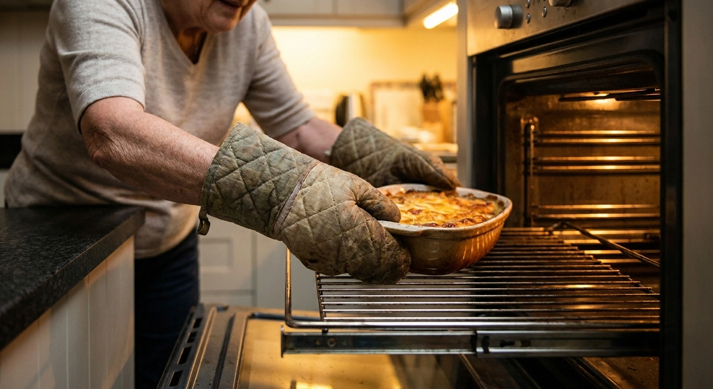 Hands in long oven mitts lifting a casserole from a pulled-out oven rack