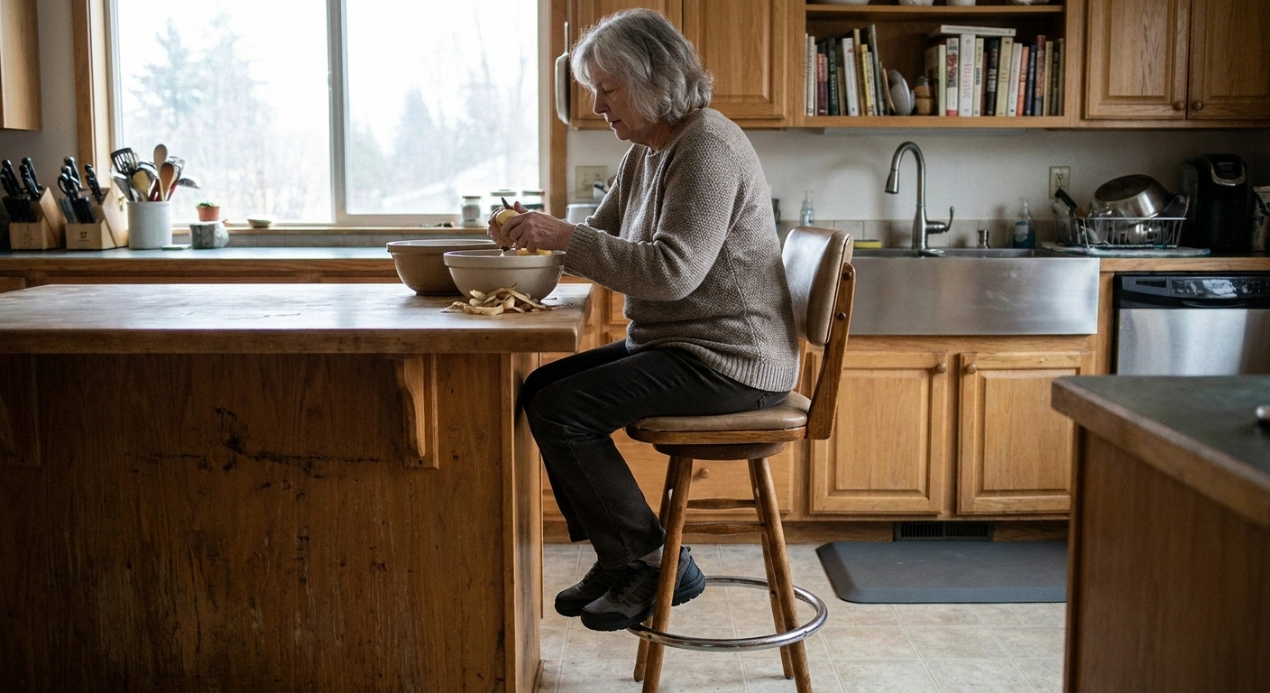 Woman sitting on a tall kitchen stool peeling potatoes in supportive shoes