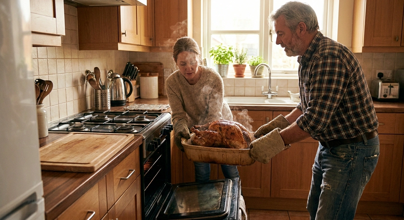Father and adult daughter lifting a roasted turkey from the oven together