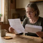 Older woman reading a letter at her kitchen table