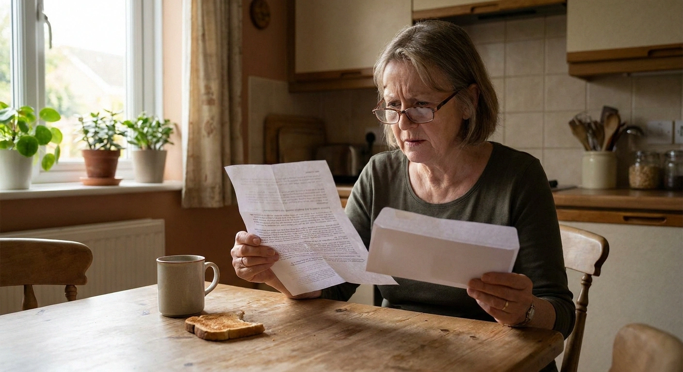 Older woman reading a letter at her kitchen table