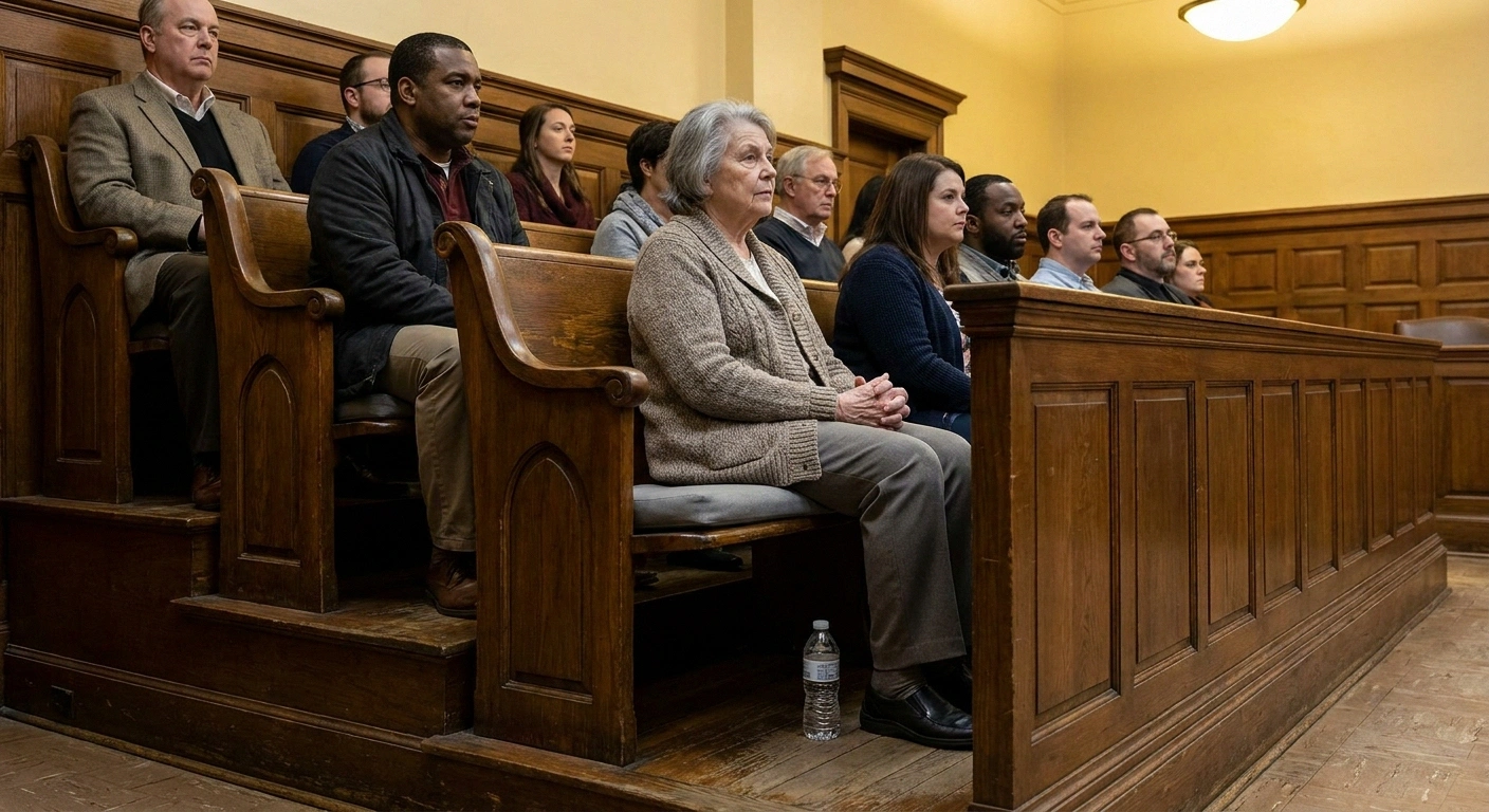 Jurors listening in a jury box, one sitting on a seat cushion