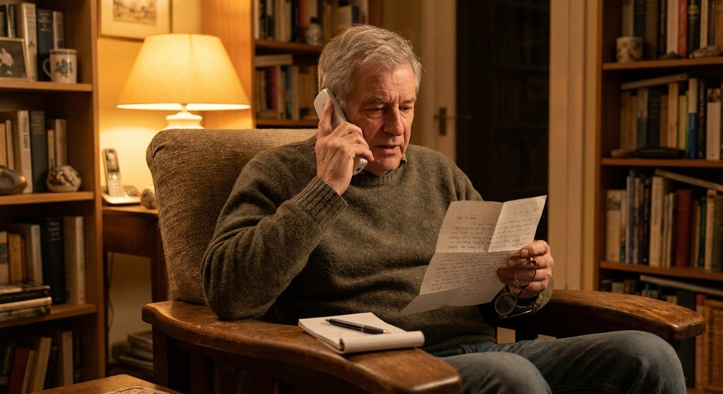 Older man on the phone holding a letter and taking notes