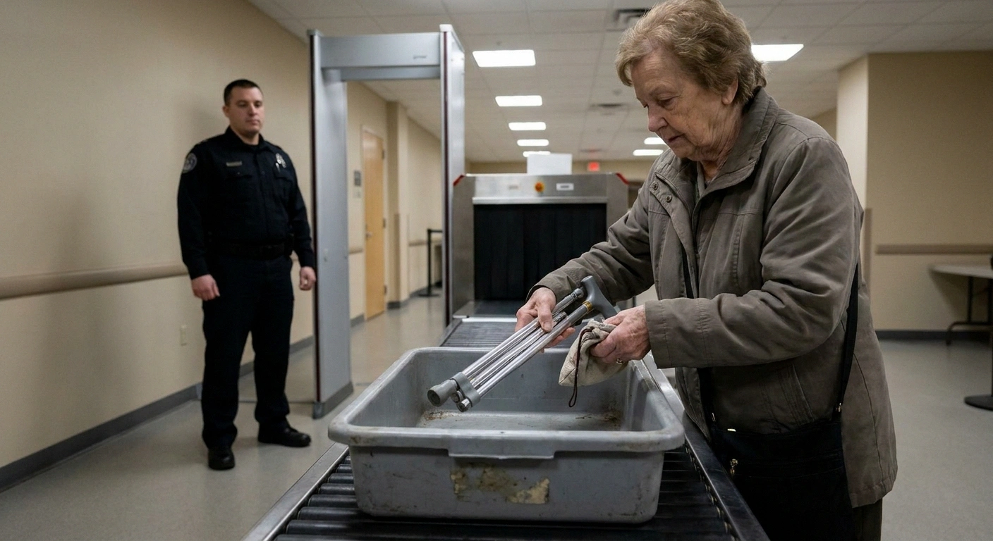 Older woman placing her cane in a bin at a security checkpoint