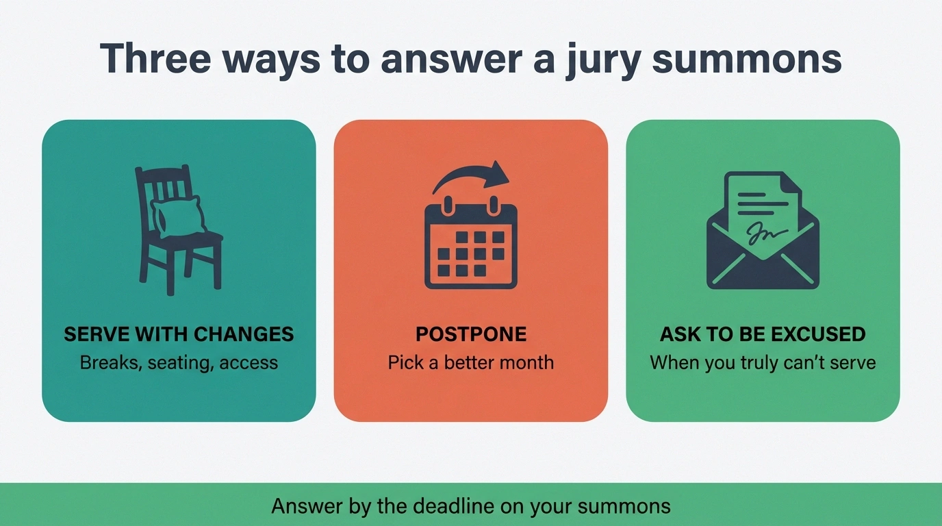 Infographic of three ways to answer a jury summons