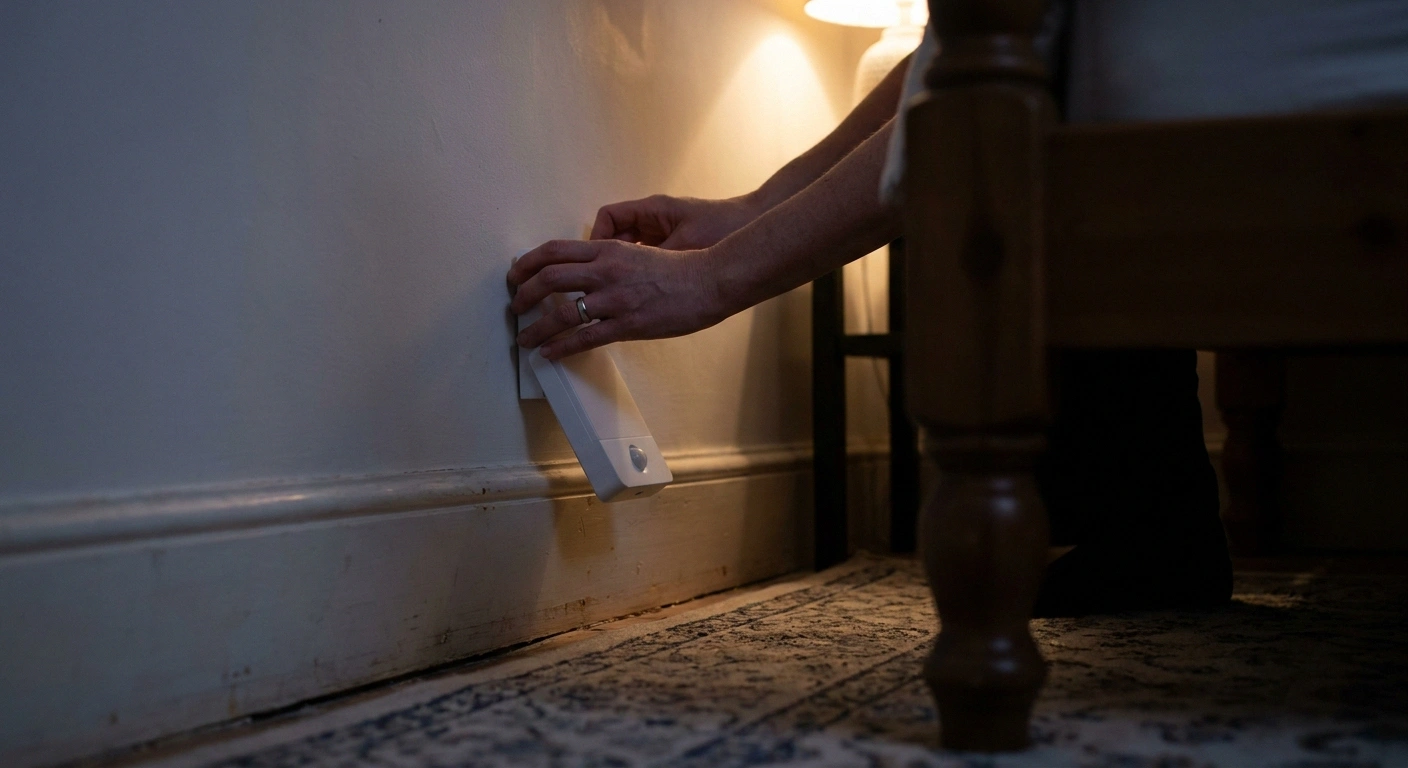 Hands mounting a small motion sensor light low on a bedroom wall