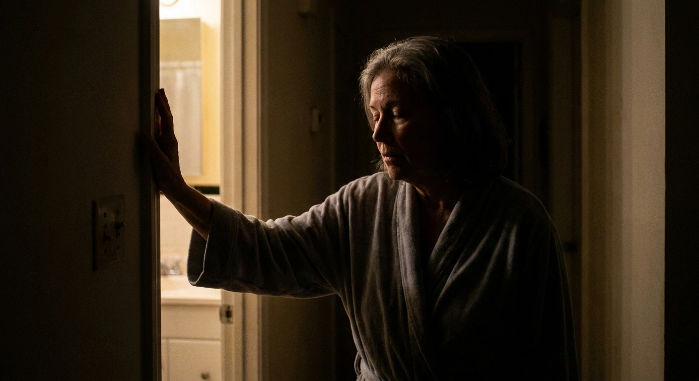 Woman pausing in a bathroom doorway at night with a hand on the frame