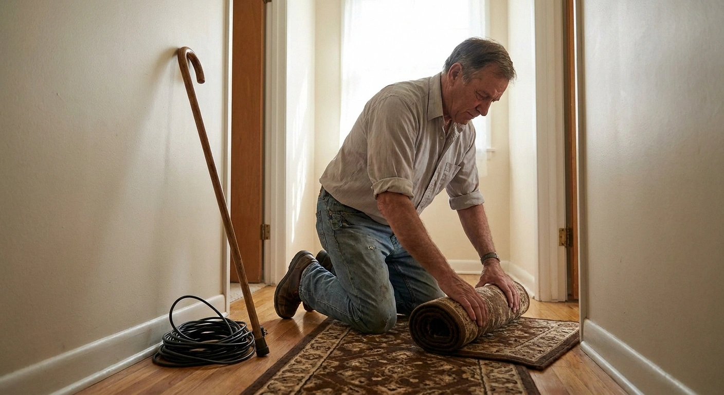 Man kneeling to roll up a small hallway rug beside a cane