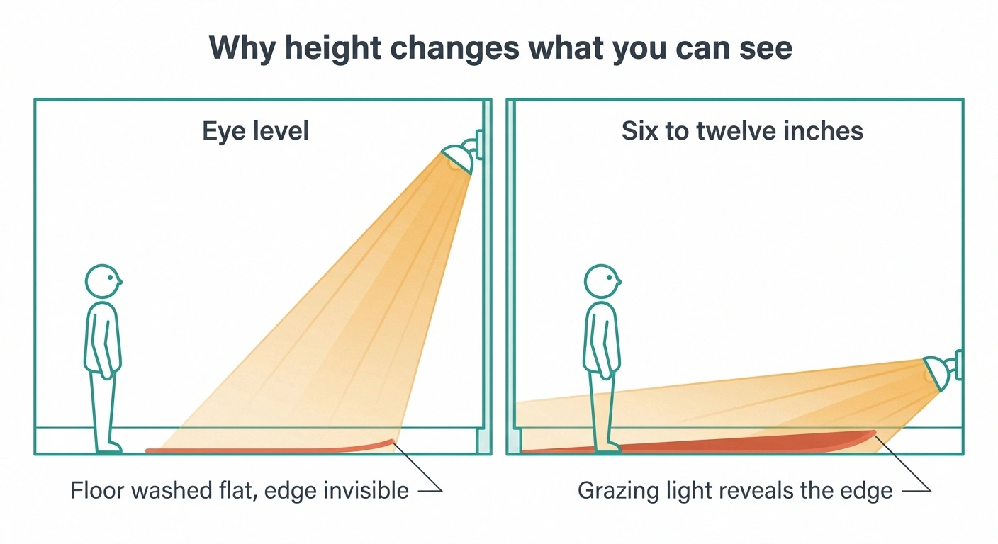Diagram comparing eye-level and floor-level lighting angles across a rug edge