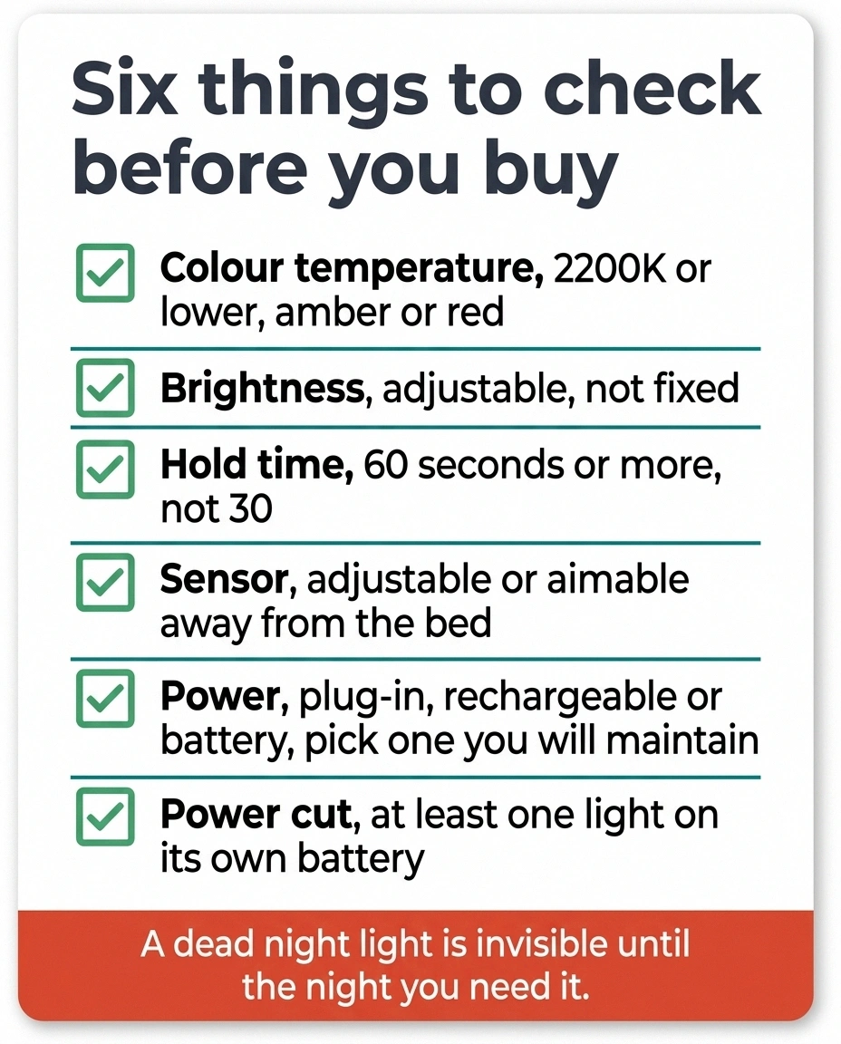 Checklist card of six night light specifications to check before buying