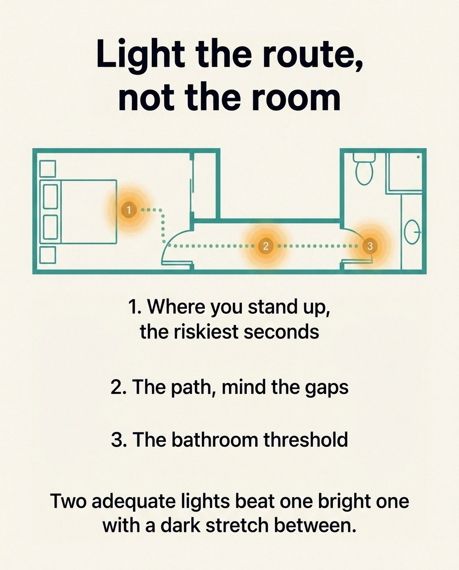 Floor plan showing three night light positions along a bedroom to bathroom route