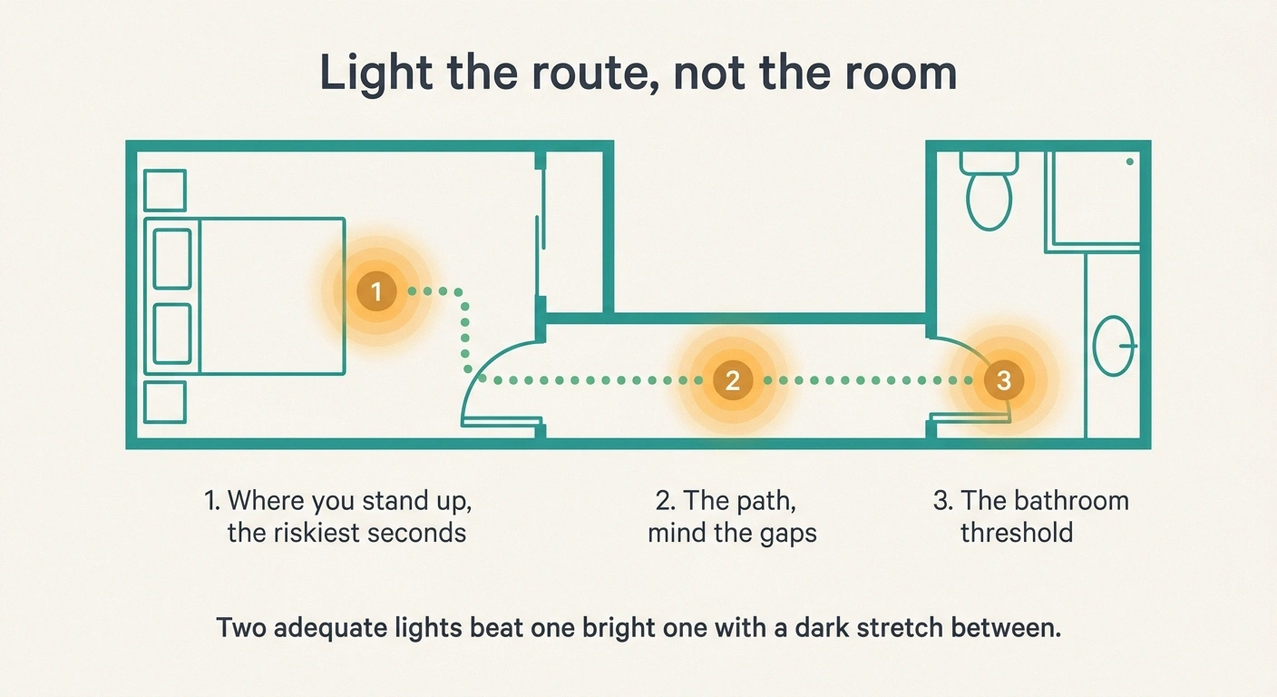 Floor plan showing three night light positions along a bedroom to bathroom route