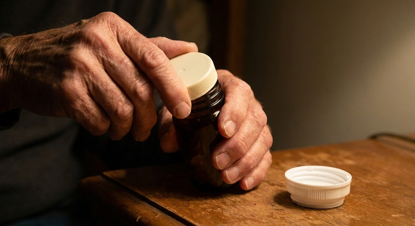 Older hands opening a pill bottle with an easy-open cap beside a child-resistant cap