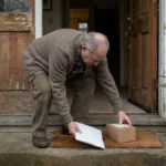 Older man picking up a medication delivery package from his front doorstep
