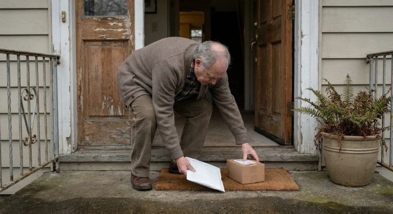 Older man picking up a medication delivery package from his front doorstep