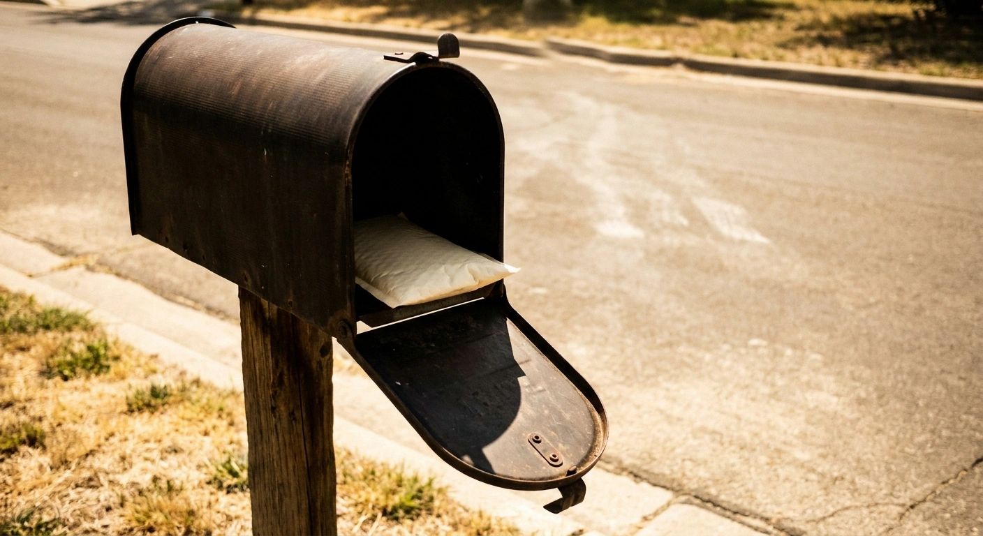 Open metal mailbox with a medication envelope inside under hot summer sun