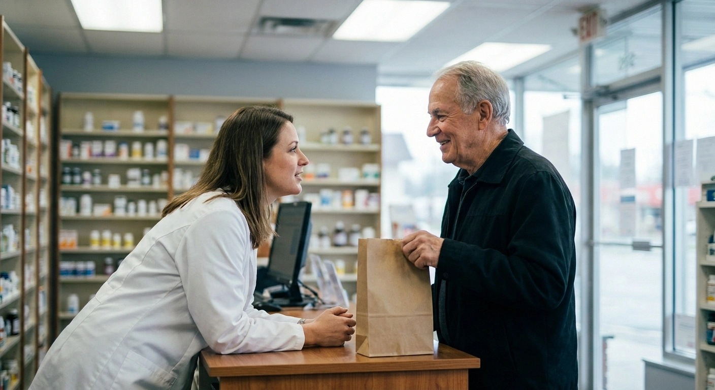 Pharmacist talking with an older man at a local pharmacy consultation counter