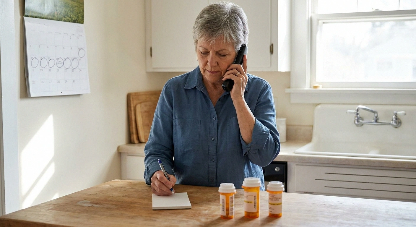 Older woman on the phone at her kitchen counter with pill bottles and a calendar