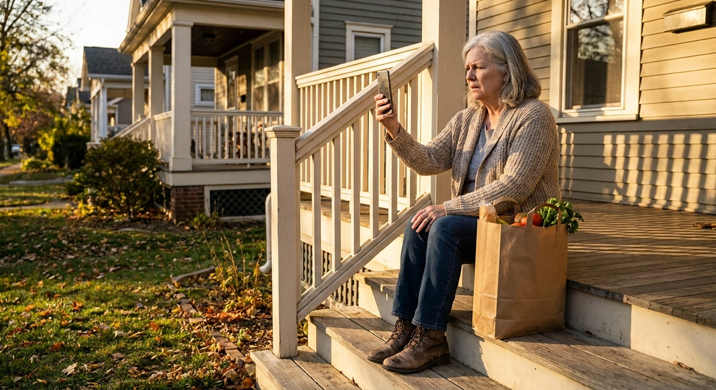 Older woman on her porch checking her phone while looking for a missing package