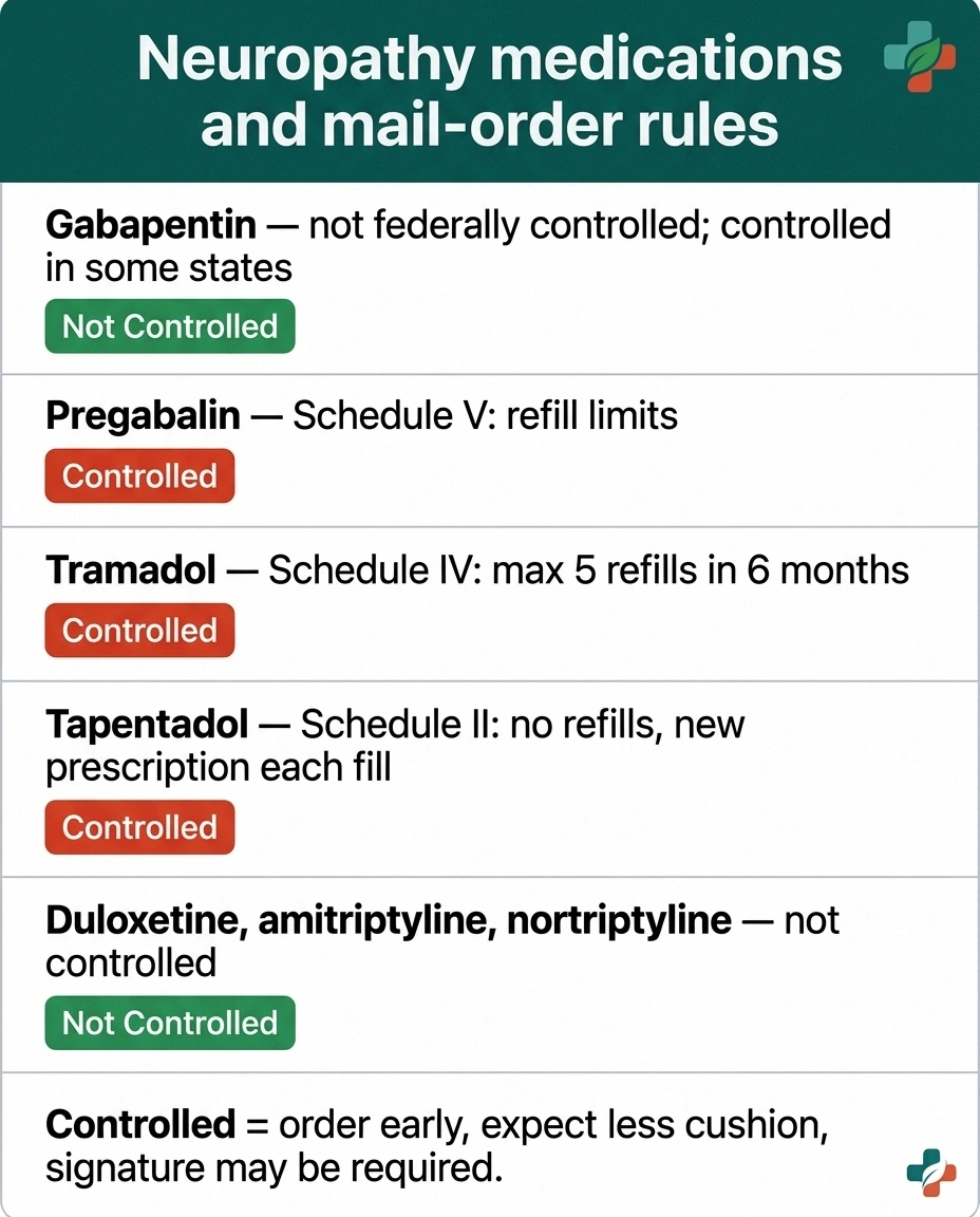 Reference chart of common neuropathy medications and their controlled substance mail-order rules