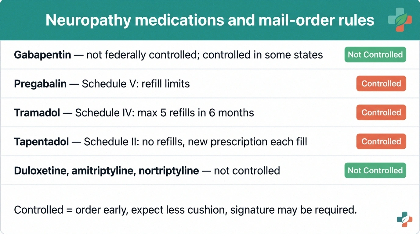 Reference chart of common neuropathy medications and their controlled substance mail-order rules