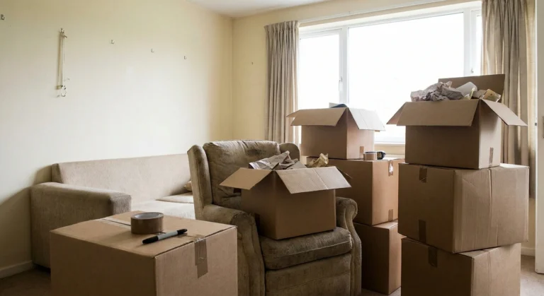Half-packed living room with small cardboard boxes and an armchair in daylight